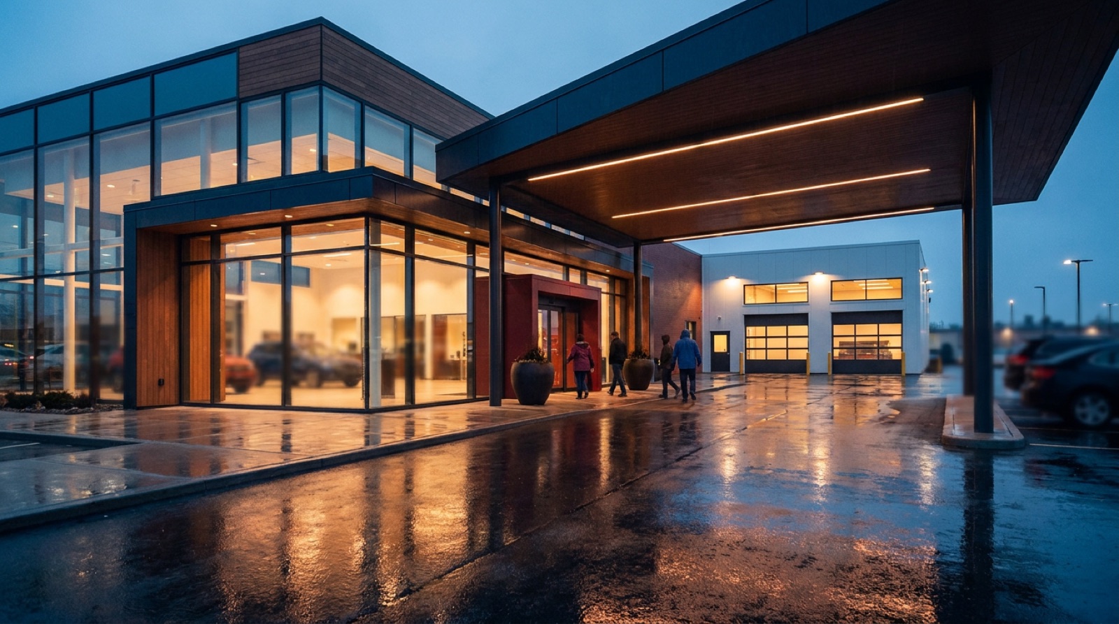 The Redwood Crest lot at dusk, rows of vehicles under warm canopy lights with the showroom glowing behind