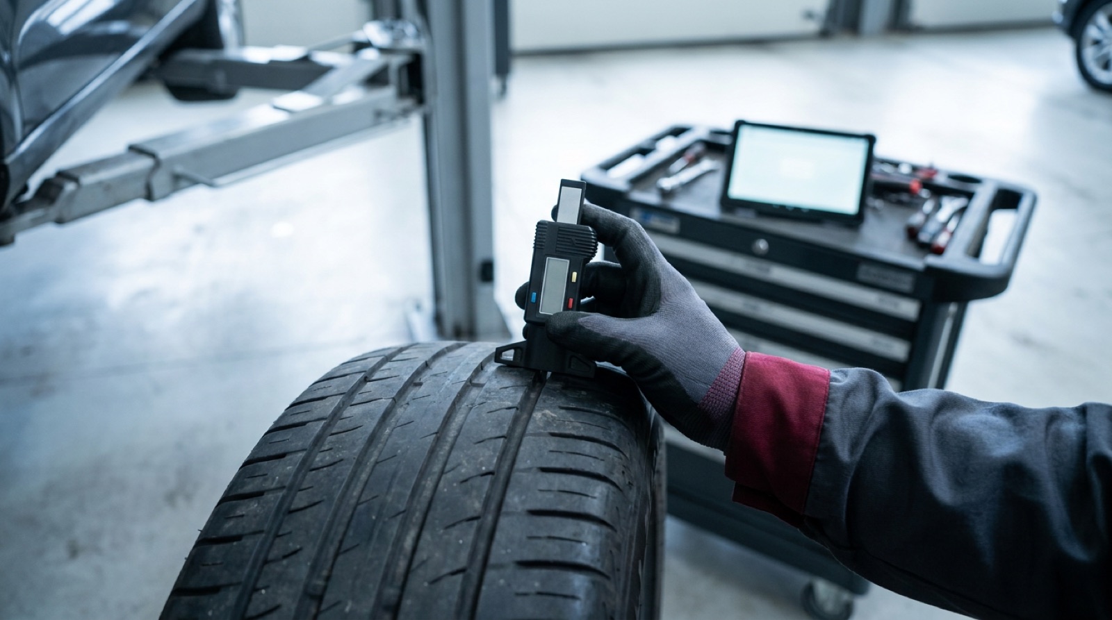 A technician's gloved hand checking tread depth on a pre-owned sedan tire inside the inspection bay
