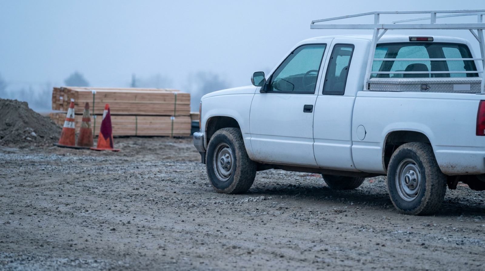 A white work pickup with a ladder rack at a gravel job site, early morning