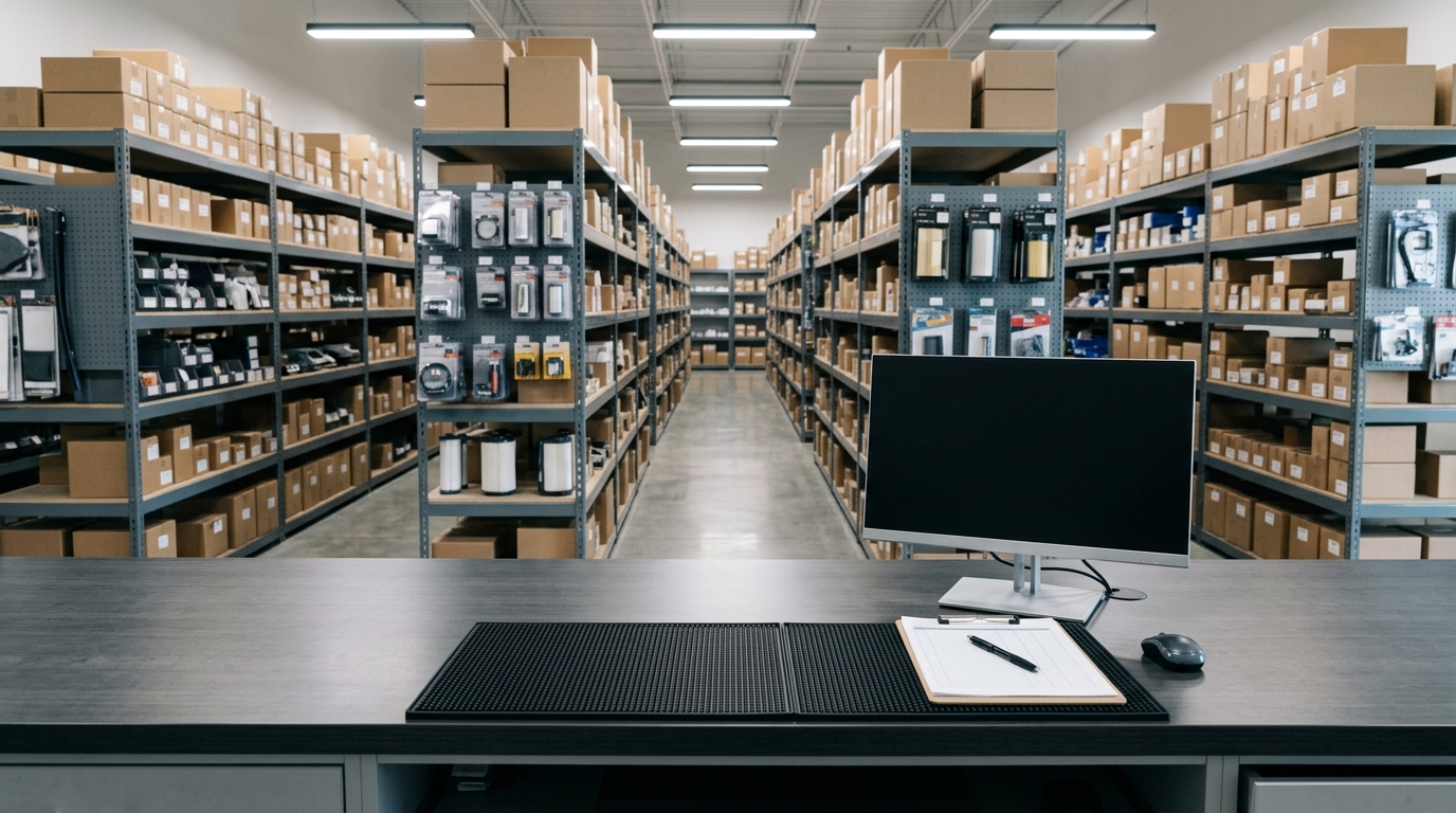 The Redwood Crest parts counter and organized component warehouse shelving under clean workshop lighting