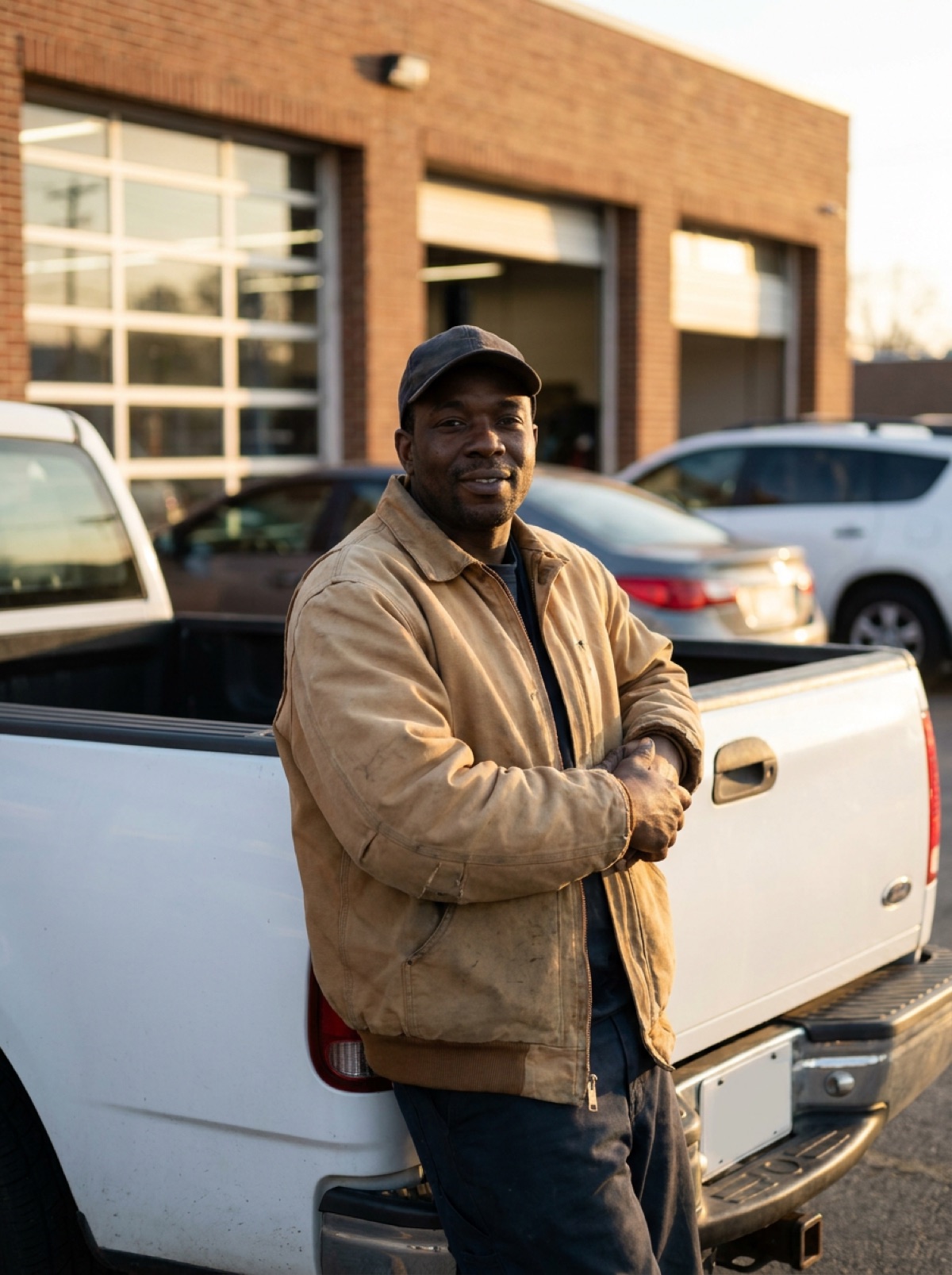 A man in a canvas work jacket leaning against his pickup outside the service entrance, arms crossed, relaxed