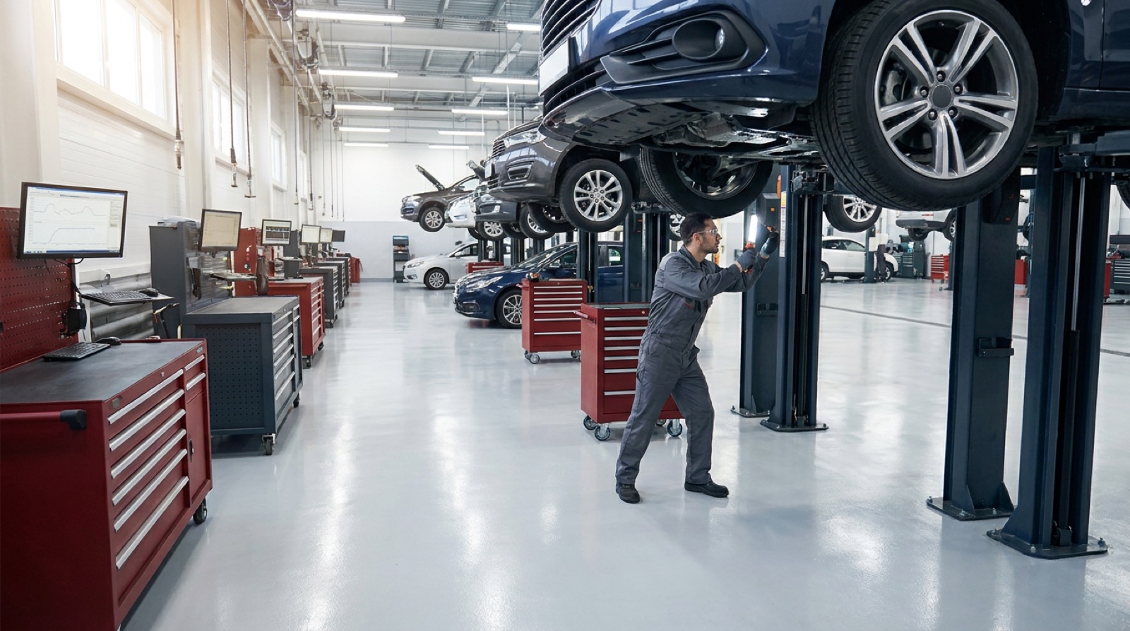 Looking down the row of service bays, three vehicles on lifts, a technician under one with a work light