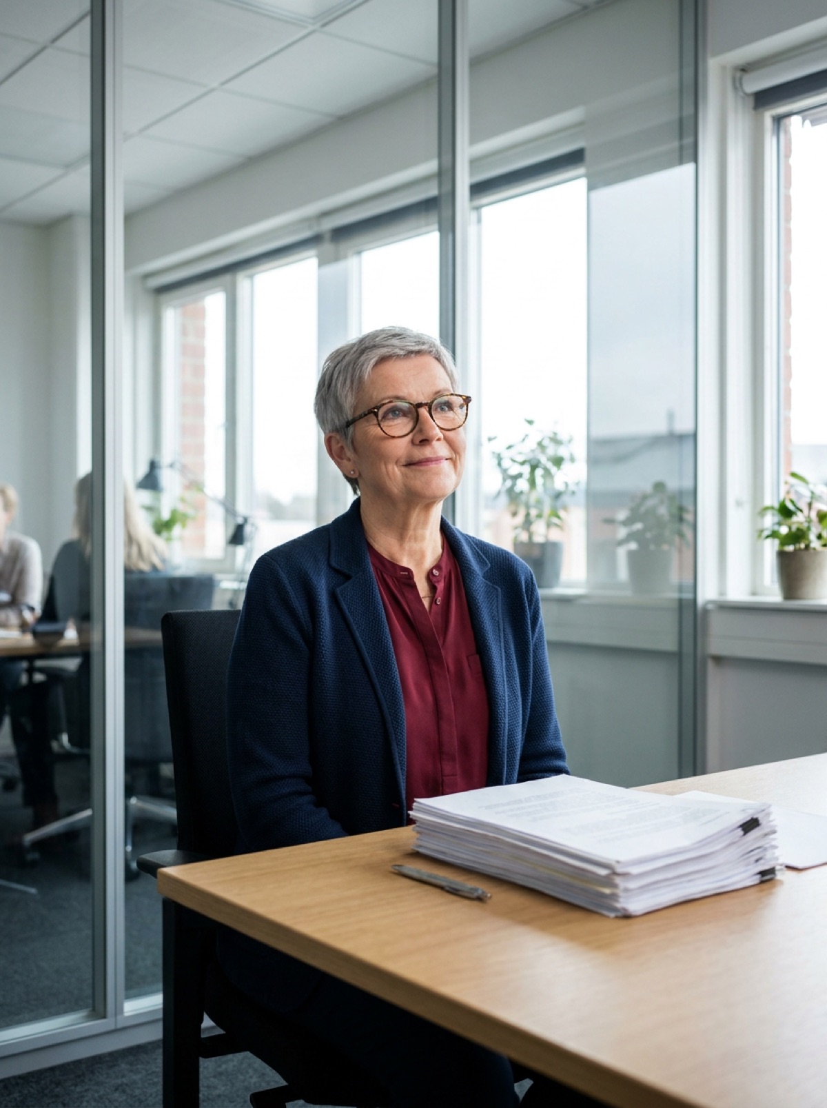Dana Whitlock seated at a tidy finance office desk, reading glasses on, papers squared in front of her