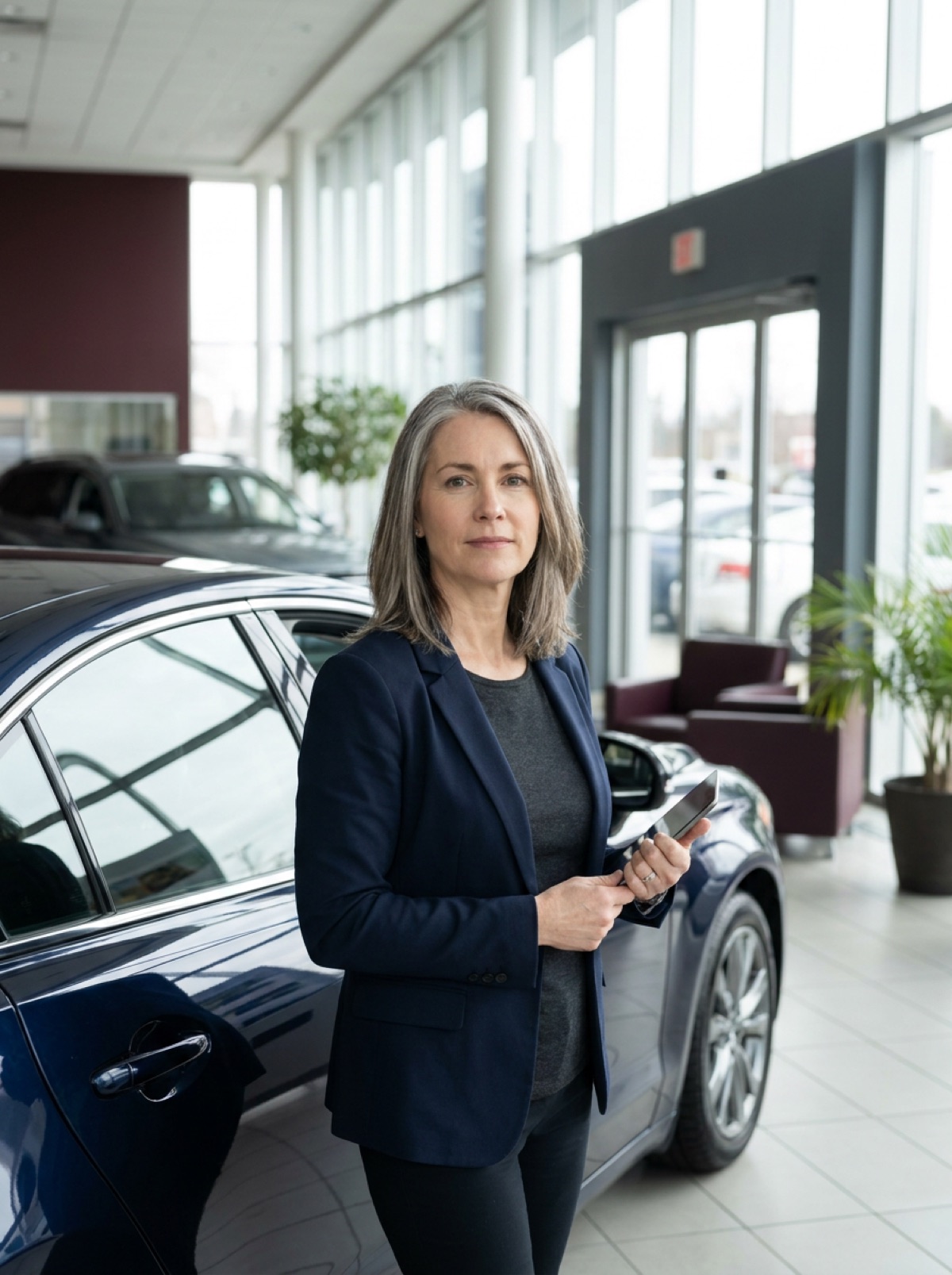 Elena Marchetti standing in the showroom beside a vehicle, tablet in hand