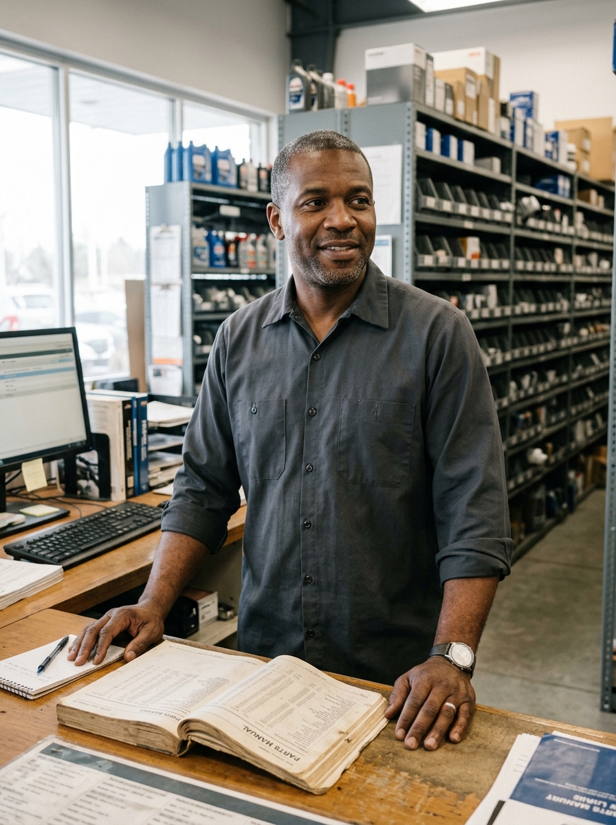 Marcus Bell standing at the parts counter with parts manuals and shelving behind